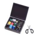 Miniature wooden sewing box dollhouse accessory with threads and scissors for tiny crafts. - Dark Coffee