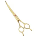 Professional golden pet grooming scissors with double tail and red jewel screw for trimming. - Gold