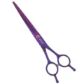 Professional 7-inch pet grooming straight scissors featuring vibrant purple titanium finish. - 7-Inch Double-Finger Rest Purple Straight Grooming Shears
