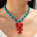 Collier de perles colorées d'été avec pendentif homard mignon bijoux pour femmes - Style Homard Rouge Perles Bleu Vert (JMX-XL9509)