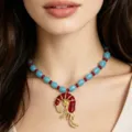 Collier pendentif homard océan vacances d'été avec perles bleues bijoux de mode pour femmes - Style Homard Rouge Perles Bleues (JMX-XL9805)