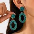 Boucles d'oreilles ovales géométriques creuses texturées turquoise femme bijoux vintage - Forme Ovale / Texture Bleu-Vert