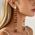 French retro long drop earrings with brown irregular beads and gold elements for daily commute. - Amber (JMX-ER9679)