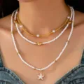Ensemble de collier de perles multicouche bohème de plage d'été avec pendentif étoile de mer. - Parure de Collier (JMX-XL9650)