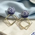 Chics boucles d'oreilles pendantes géométriques en porcelaine bleu et blanc style - Style Losange Creux Multi-Couches Rond Porcelaine (JMX-ER9801) / Bleu porcelaine