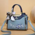 Elegant peony embroidered women handbag with stylish silk scarf, versatile shoulder bag. - Embroidery - Blue