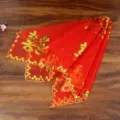 Red Chinese wedding veil with gold sequin double happiness embroidery for traditional bride. - Sun Double Happiness Style
