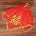 Close-up detail of traditional Chinese red wedding veil with golden sequin embroidery. - Five Double Happiness Style