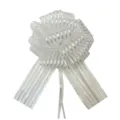 White organza pull bow detail shot, showing the delicate striped iridescent ribbon texture. - White
