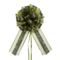 Detail view of large Christmas decorative pull bow with wood grain pattern and gold edge trim. - Emerald Green