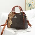 Letter print color-block women handbag with stylish leaf pendant and shoulder strap. - Letter-Ochre