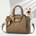 Brown embossed tote bag with chic silk scarf, stylish shoulder handbag for women daily work. - Khaki