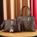 Chic brown monogram printed handbag set, stylish tote and crossbody bag with bear charm. - Two-Piece Set / Two-Piece Bag Set / Coffee