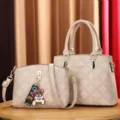 Beige monogram tote and crossbody handbag set, stylish commuter two-piece bag for women. - Two-Piece Set / Two-Piece Bag Set / Milk Tea