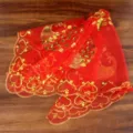 Red sequin peacock bridal veil for Chinese wedding, traditional red fabric cover. - Peacock Style