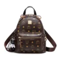 Women stylish studded faux leather backpack large capacity casual travel bookbag daypack - S / Brown