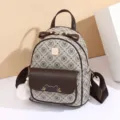 Stylish women monogram print backpack casual travel school bag with cute bow and charm - S / Coffee Small