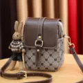 Fashion printed mini crossbody phone bag for women with cute rabbit pendant and shoulder strap. - Inverted A - Coffee Flap / Without Bear Charm