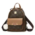 Stylish brown monogram print women backpack with cute mouse charm and fluffy pom pom. - L / Earthy Yellow Large Size