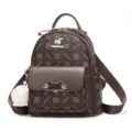 Brown leather women backpack with cute pom-pom pendant, stylish monogram travel school bag. - L / Coffee Large