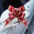 Rode trouwauto lint strik met gouden rand Chinees Xi teken voor geschenk decoratie - Kleine Dubbel Geluk Stijl / 100 stuks verpakking / Bordeauxrood