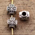 Metal cross hole bead detail view, antique silver finish, DIY jewelry making charm component. - Cross / 6x5.6x4.6mm / Antique Silver