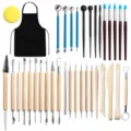 Tonwerkzeug Set mit Schürze Schwamm Holzwerkzeugen für Keramik Modellierung Basteln 36 Stk - Töpferwerkzeug-Set, 36-teilig