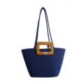 Dunkelblaue gewebte Tasche mit Holzgriff, stilvolle Freizeittasche für Strand und den täglichen Weg. - Dunkelblau