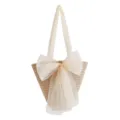 Geflochtene Tasche mit großer Tüllschleife, lässige Damen Schultertasche Strohoptik, beigefarben - Mittel / Gebrochenes Weiß