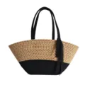 Gewebte Stroh Strandtasche mit schwarzen Henkeln, lässige Sommer Handtasche für Alltag. - 52x12x24cm / Schwarz