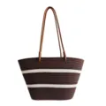 Braune gewebte Tote Bag mit weissen Streifen, stilvolle grosse Schultertasche fuer Damen Alltag. - Groß / Kaffeebraun