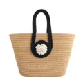 Geflochtene Baumwollseil-Tasche mit schwarzen Griffen und Perlendekor für Strandurlaub - L / Khaki