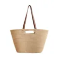 Woven Straw Tote Bag for Women, Large Capacity Beach Handbag with Brown Leather Straps - Large / Khaki