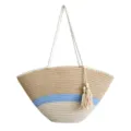 Sommer Kontrast Farbe gewebte Tote Tasche grosse Kapazitaet Strand Schultertasche - Groß / Blau Weiß Khaki Kontrast