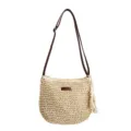 Geflochtene Stroh Umhängetasche für Damen, Sommer Strand Schultertasche mit Lederriemen Quaste. - Mittel / Gebrochenes Weiß
