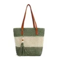 Geflochtene Stroh Umhängetasche in Grün Beige Colorblock mit braunen PU Ledergriffen. - Armeegrün