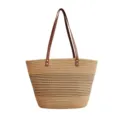 Strohtasche mit braunen Ledergriffen und schwarzen Streifen für Strandurlaub und Freizeit. - Groß / Khaki
