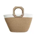 Bolso de mano tejido blanco y marrón con asa de madera para vacaciones y trabajo diario. - Grande / Como se muestra