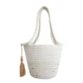 Lässige gewebte Baumwoll Eimer Tasche mit Quaste und Holzperlen für Damen mode Alltag. - Kordelzug Beuteltasche / Weiß