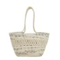Gewebte Baumwollseil Schulter Shopper Tasche mit Lochmuster, Freizeit Strand Handtasche. - Groß / Beige Und Graue Pompons
