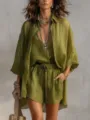 Ensemble décontracté 3 pièces pour femme avec cardigan 3/4, débardeur et short chic. - S / Ensemble / Vert olive