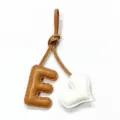 Leather letter E and heart bag charm, handmade stitching keychain pendant for women. - Light Brown with Off-white Heart