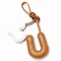 Handmade leather letter U charm with white heart pendant for handbag or car decoration. - Letter U Style / Light Brown with Off-white Heart
