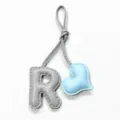 Leather letter R and heart bag charm, handmade stitching, cute purse pendant accessory. - Grey with Light Blue Heart
