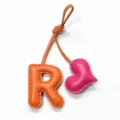Handmade leather letter R and heart bag charm, stylish purse pendant and car accessory. - Orange with Rose Red Heart