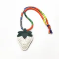 Leather strawberry charm with colorful silk ribbon strap for bag decoration and keys. - Off-White Strawberry With Ribbon