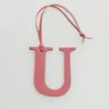 Pink leather letter U bag charm initial pendant purse accessory with hanging strap - Pink