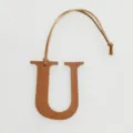 Leather letter U bag charm initial keychain for women, stylish handbag hanging accessory. - Brown