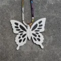 Anime style leather hollow butterfly bag charm pendant with colorful silk scarf strap accessories - White with Black Base