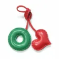 Handmade leather bag charm with donut and heart shape pendant, red and green leather strap accessory. - Green with Bright Red Heart